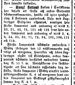 Artikel i Gotlandstidningen nr 28 lördagen den 7 april 1877 där Kungliga flottan i Karlskrona befaller Gotlands 1:a och 2:a båtmanskompani till extra tjänstgöring den 12 maj.